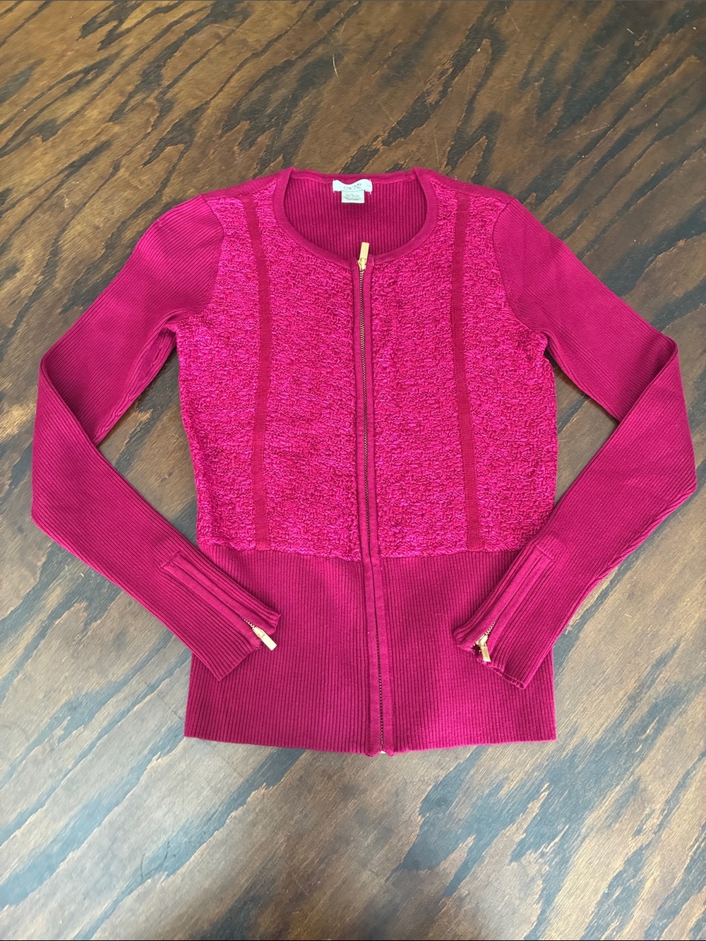 Cache Magenta Zip-Front Textured Knit Sweater